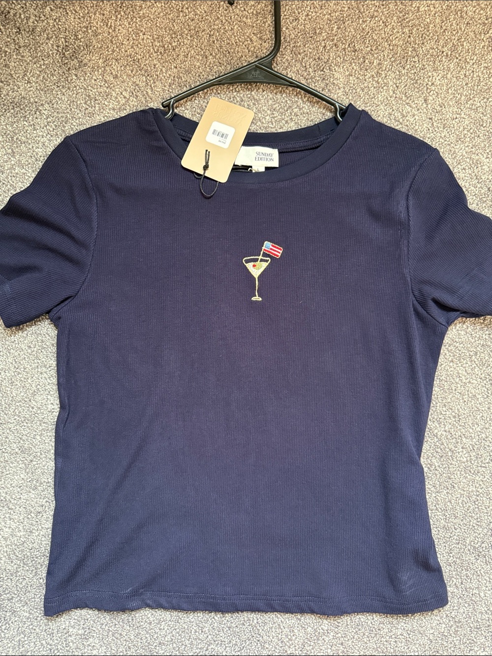 Sunday navy blue short sleeve tee with martini embroidery